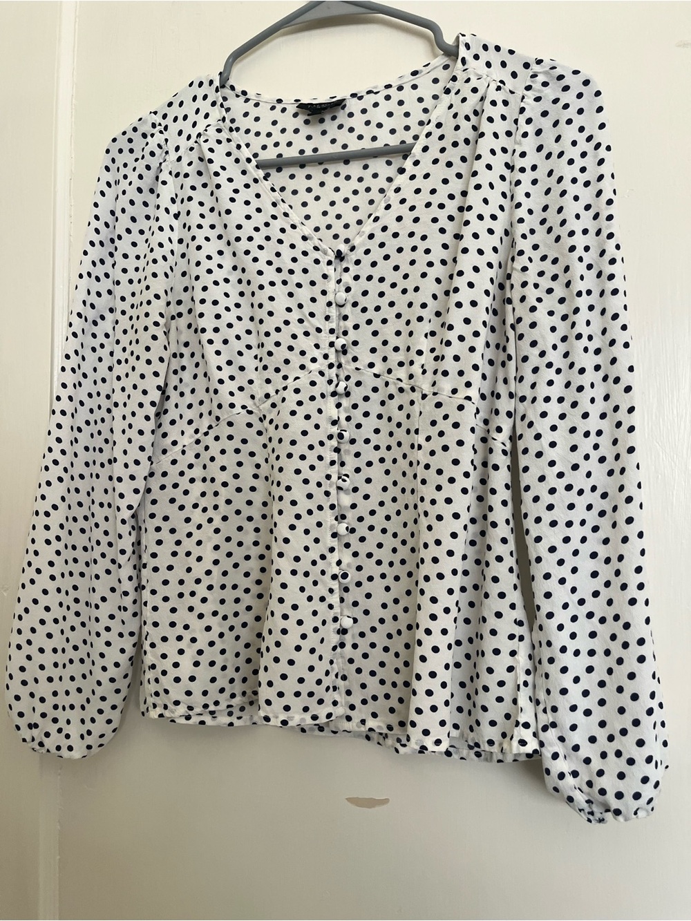 Talbots White Blouse with Navy Polka Dots and Button Front